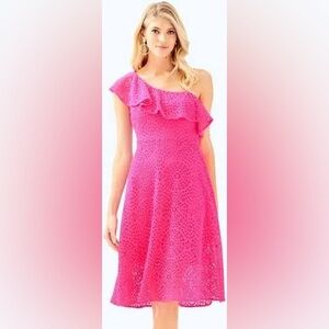 NWT Lilly Pulitzer Pink Cosmo Sea Urchin Terry Lace One-Shoulder Cocktail Dress